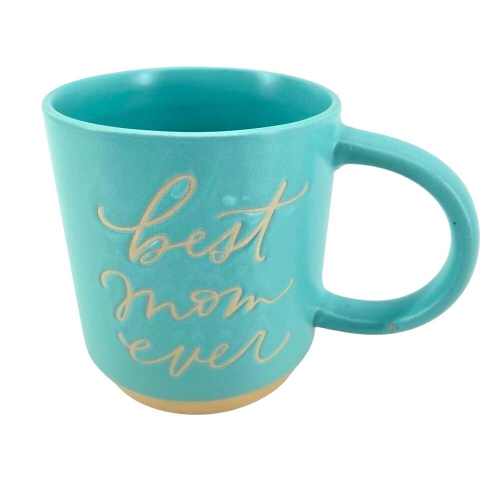 “Best Mom Ever” Aqua Blue Ceramic Mug – 16oz, White Script Debossed Design